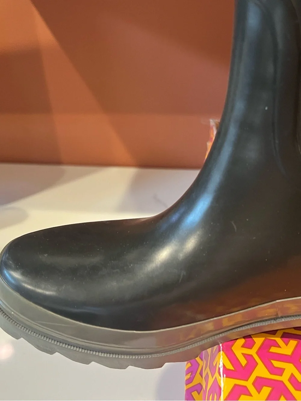 Tory Burch Black Rain Boots with Grey Trim and Logo